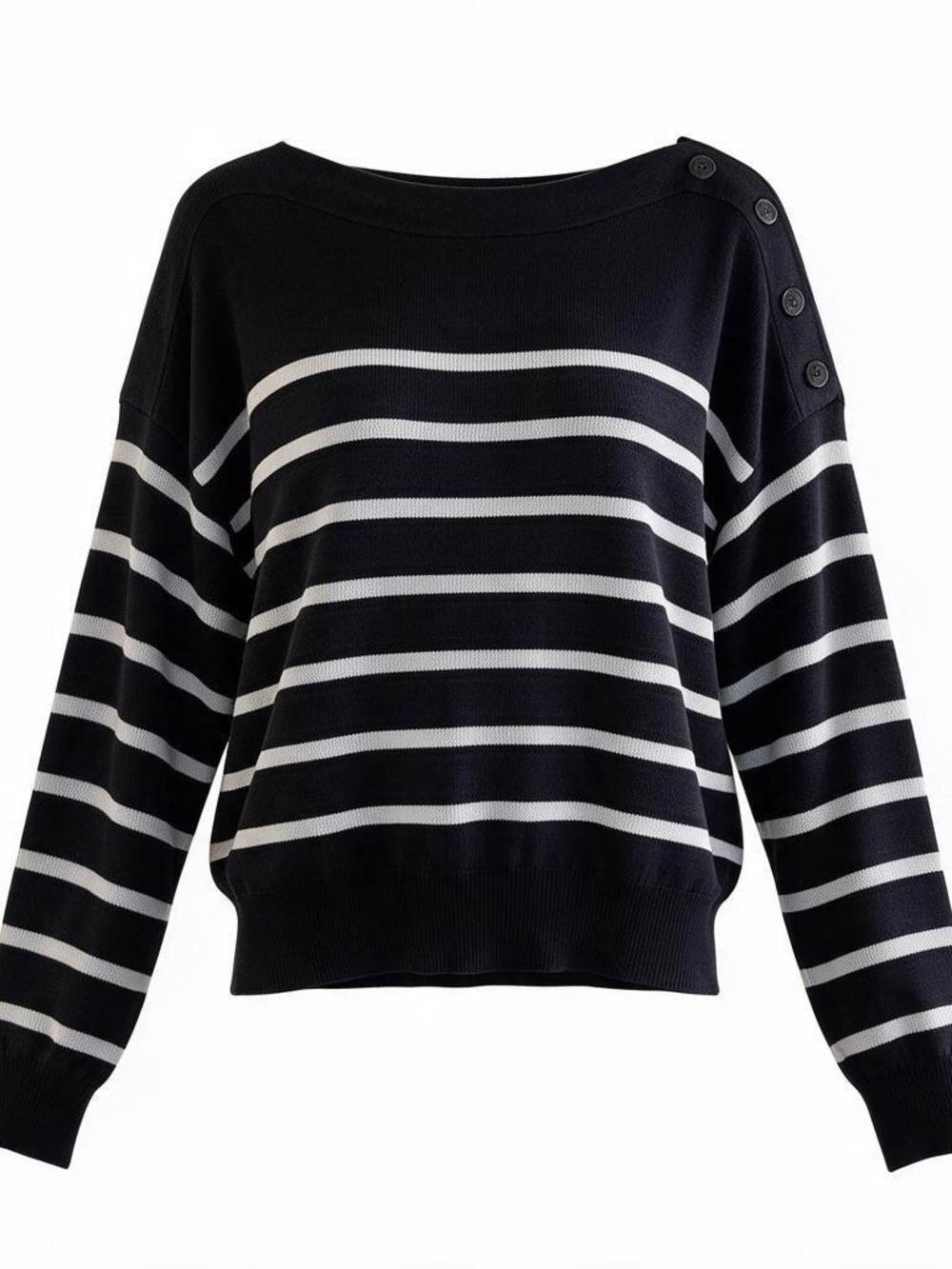 Striped Boatneck Sweater with Shoulder Buttons - Blue & White